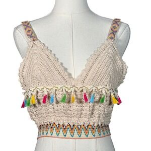 Sans Souci Womens Boho Crochet Knit Tassel Crop Top Beige Multi Color Sleeveless